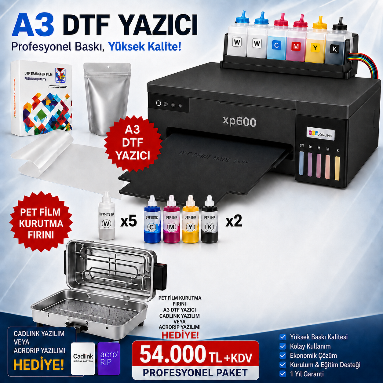 A3 XP600 DTF baskı yazıcısı pres ütüsüz paket
