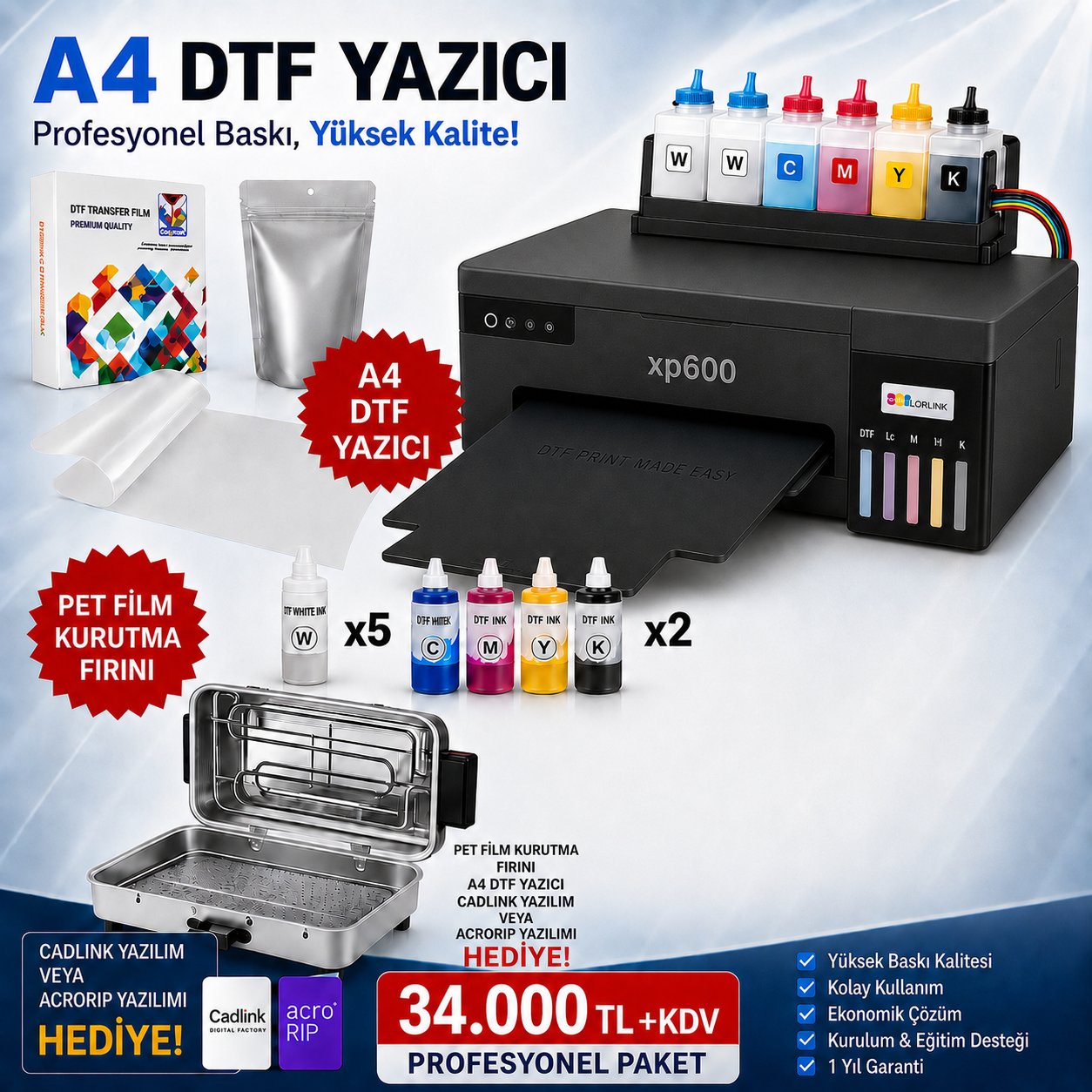 A4 XP600 DTF baskı yazıcısı pres ütüsüz paket