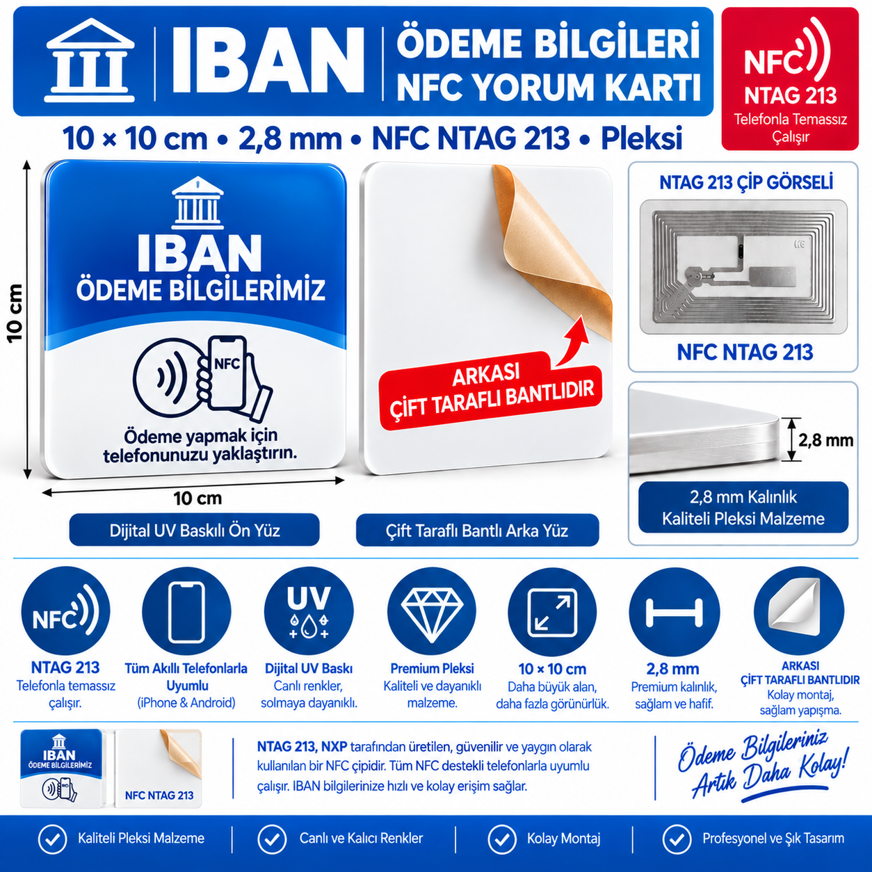 IBAN Bilgi NFC Pleksi Kartı 10x10 cm NTAG213 2,8 mm