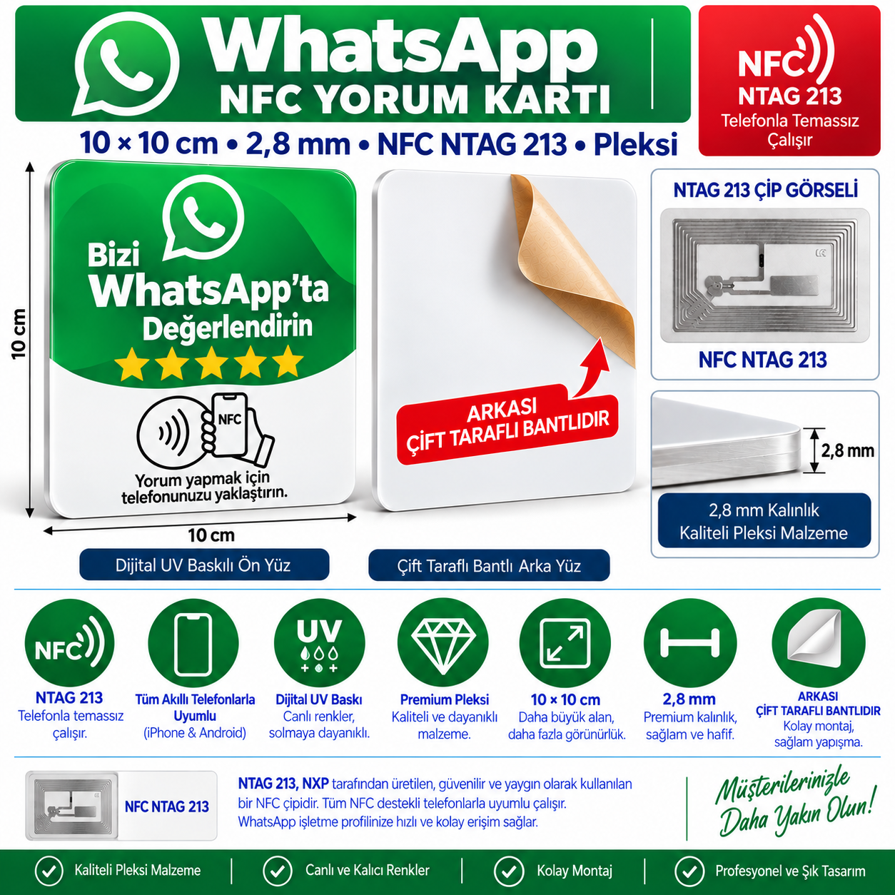 10x10 cm Yapışkanlı WhatsApp NFC İletişim Pleksi Kartı