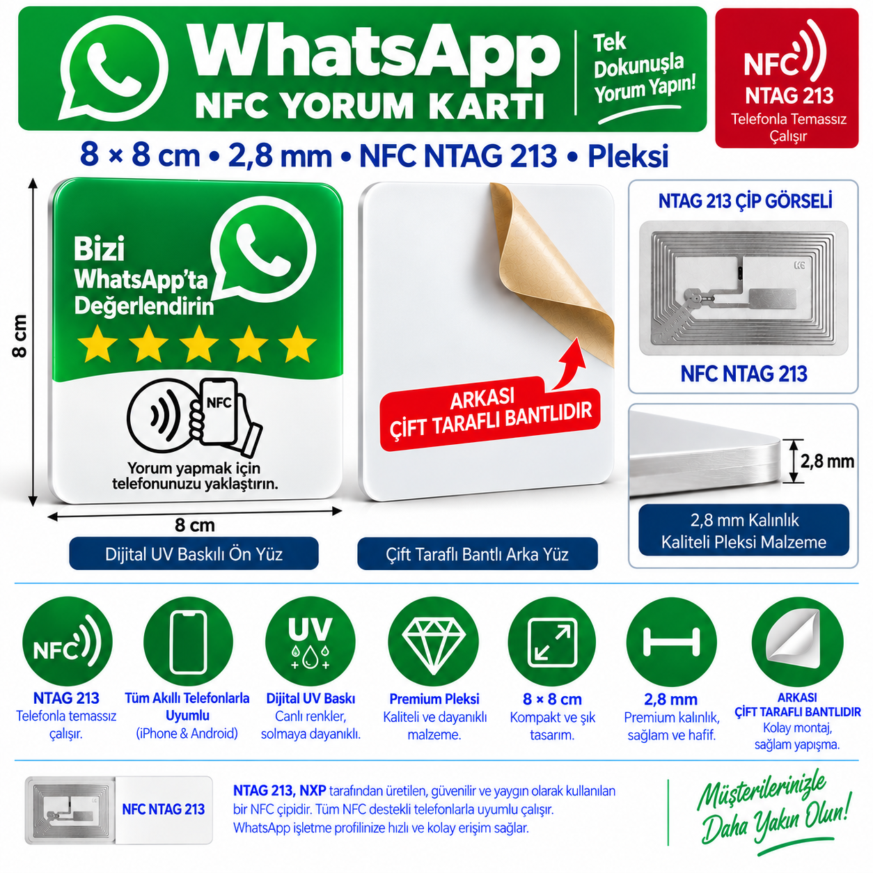 WhatsApp İşletme NFC Pleksi Kartı 8x8 cm NTAG213 2,8 mm
