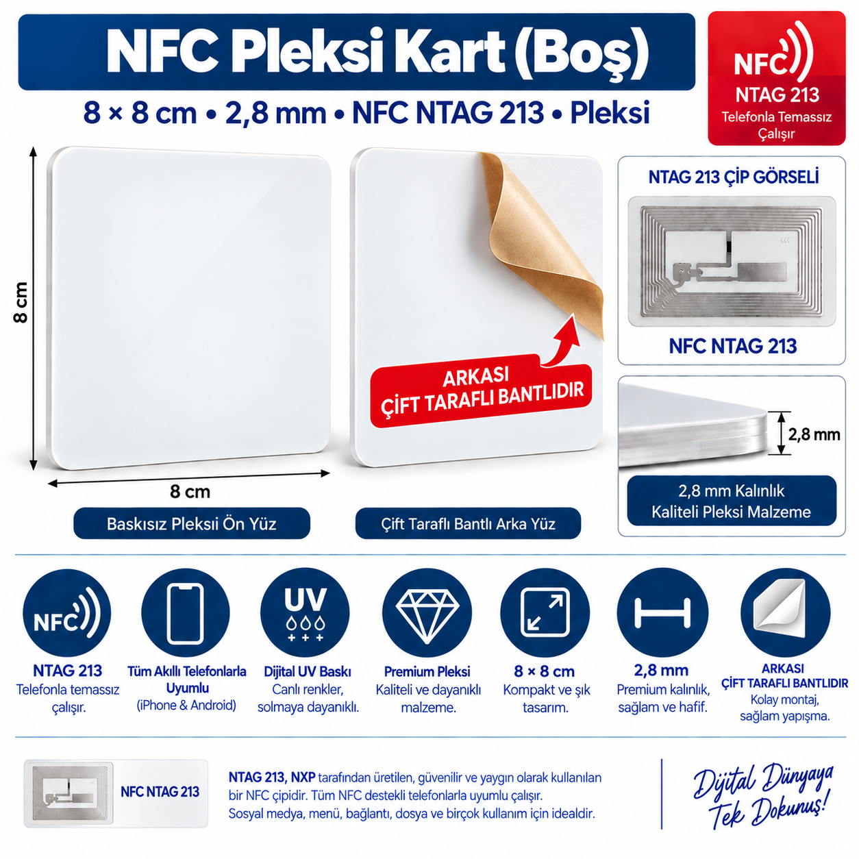 8x8 cm Yapışkanlı Boş NFC Pleksi Kart
