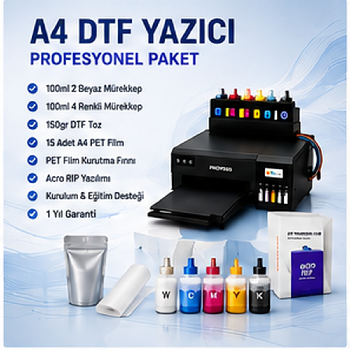 A4 DTF Yazıcı Full Paket Beyaz Mürekkep ve Kurutma Fırını