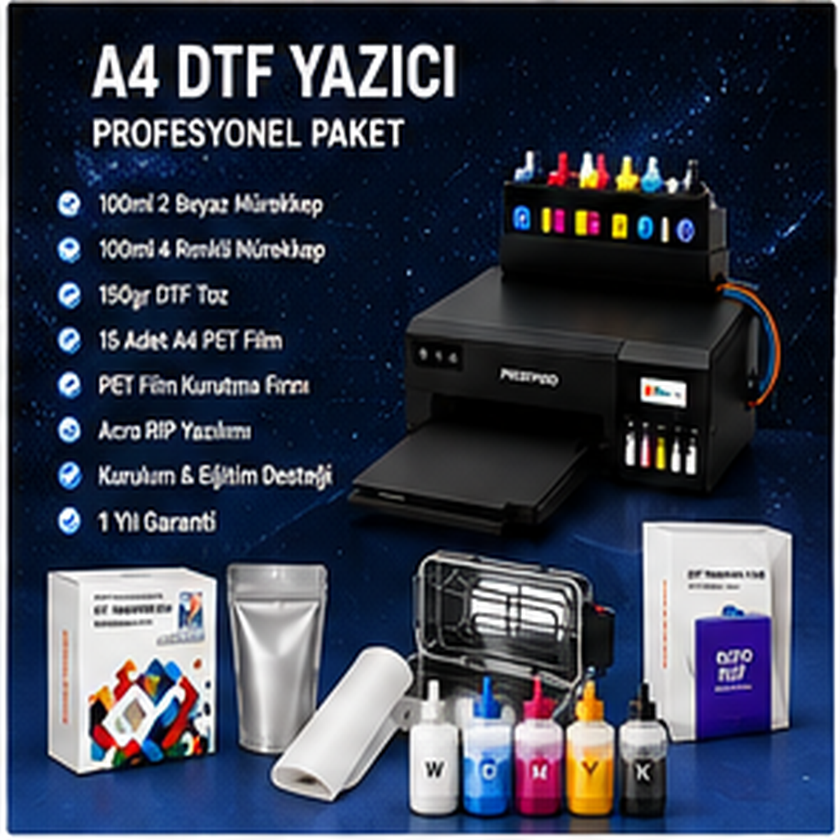Epson L8050 DTF Yazıcı A4 Renkli Baskı Başlangıç Seti