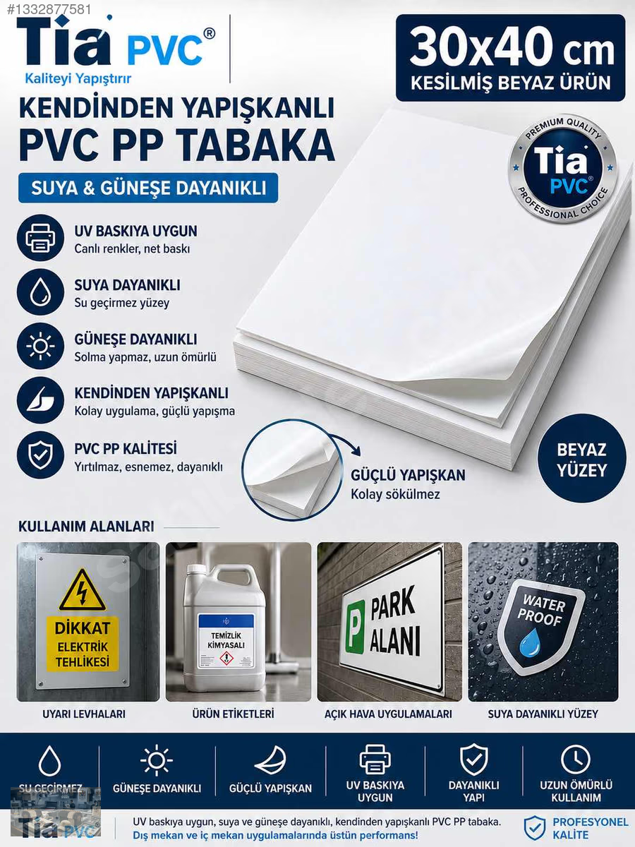 Tia PVC 30×40 cm kendinden yapışkanlı beyaz UV baskı tabakası